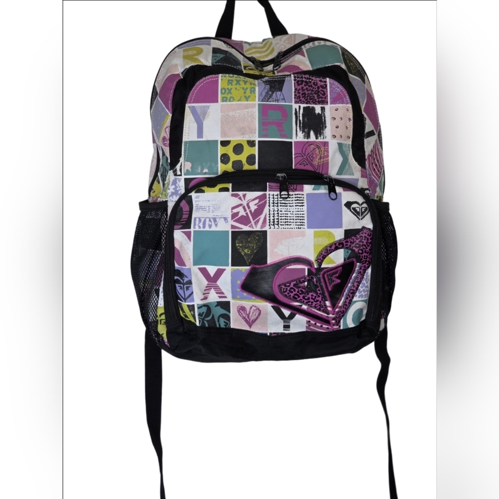 Roxy Logo Graphic Backpack – Multicolor Heart & Square Pattern